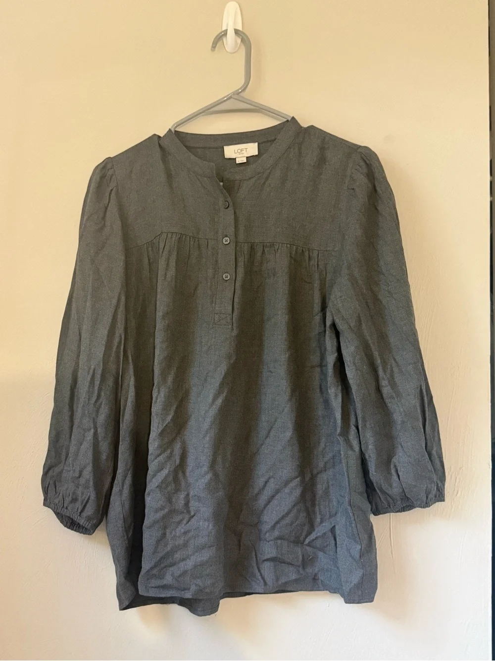 LOFT Charcoal Gray Button-Up Peasant Top